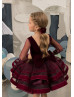 Burgundy Velvet Tulle Pearls Embellished Flower Girl Dress